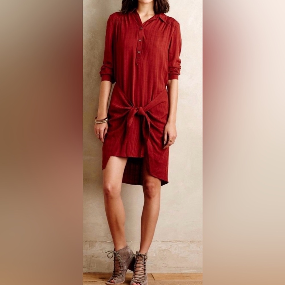 Anthropologie Maeve Long Sleeve Tie Front Shirt Mini Dress Burnt Orange Sz 4